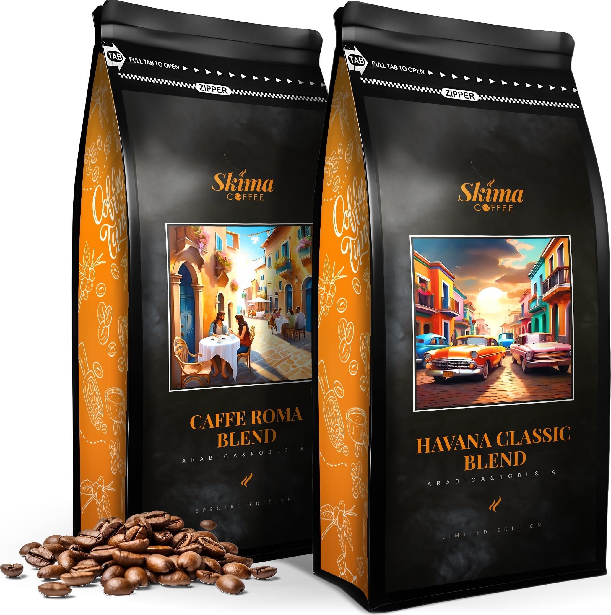 Zestaw Kawa ziarnista 1kgX2 CAFFE ROMA BLEND/HAVANA CLASSIC BLEND Świeżo Palona do ekspresu + GRATIS