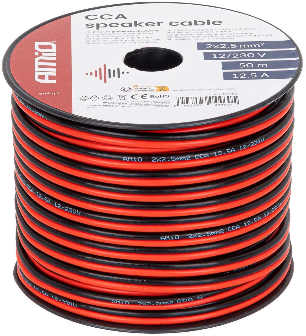 Przewód głośnikowy dwużyłowy cca 2x2.5mm2 50m 12.5a amio-04460
