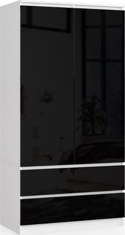 Fabryka Mebli Akord SZAFA S 90 cm 2 DRZWI 2 SZUFLADY BIAŁA / CZARNY POŁYSK