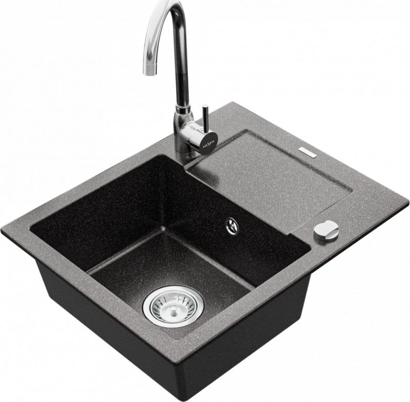Zlewozmywak Mexen Enzo granitowy 1-komorowy z ociekaczem i baterią kuchenną Telma, czarny nakrapiany - 6506-76-670200-00