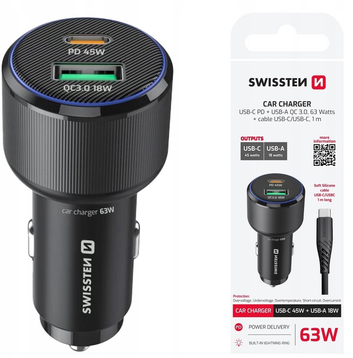 Ładowarka Swissten PD USB-C / USB Car Charger 63W with USB-C - USB-C Cable 1m
