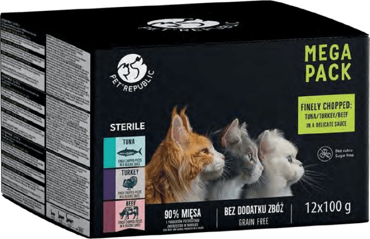 Pet Republic PetRepublic karma mokra dla kota po sterylizacji kawałki w delikatnym sosie MIX 3 smaków 12x100g