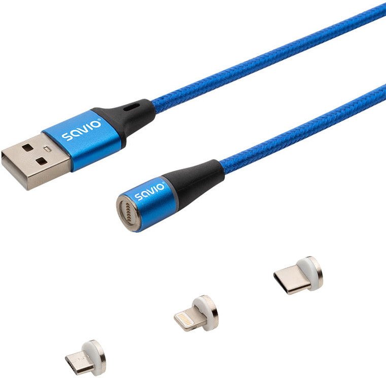 Kabel USB Savio USB-A - USB-C + microUSB + Lightning 2 m Niebieski Magnetyczny (CL-157)