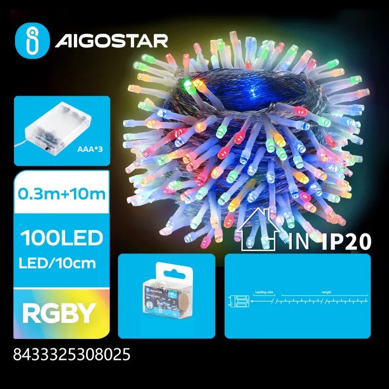 Lampki choinkowe Aigostar Lampki choinkowe ozdobne na 3 baterie AA, RGBY, 10m Płaska taśma świetlna na 3 baterie AA, RGBY, 10m