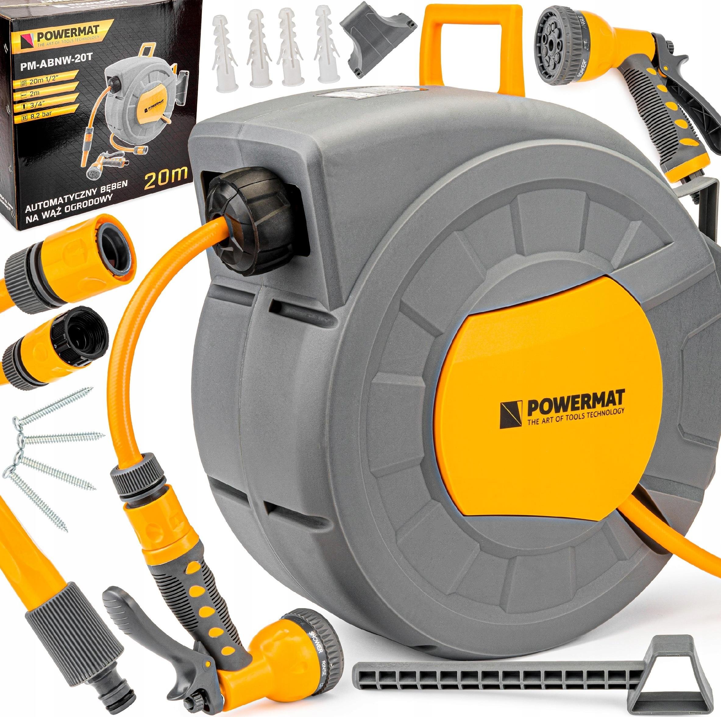 Wąż do pralki i zmywarki Powermat AUTOMATYCZNY BĘBEN ZWIJACZ NA WĄŻ OGRODOWY NAŚCIENNY ZWIJAK 1/2 20m