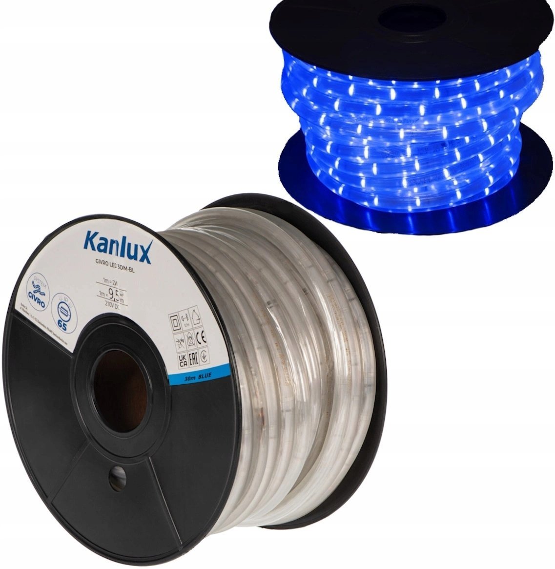 Wentylator Kanlux Wąż świetlny GIVRO LED 30M-BL 2W/M 9,5lm/m niebieska barwa IP65 rolka 30mb odporność na UV zasilanie przelotowe 38588
