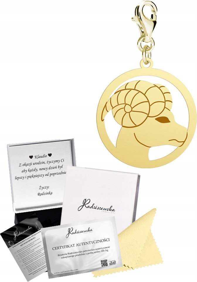 Radziszewska Jewellery Charms Złoty Znak Zodiaku Baran Srebro 925 Prezent Kobieta DEDYKACJA GRATIS