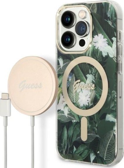 Ładowarka Guess Zestaw Guess etui + ładowarka bezprzewodowa GUBPP14LHJEACSA Apple iPhone 14 Pro zielony/green hard case Jungle MagSafe