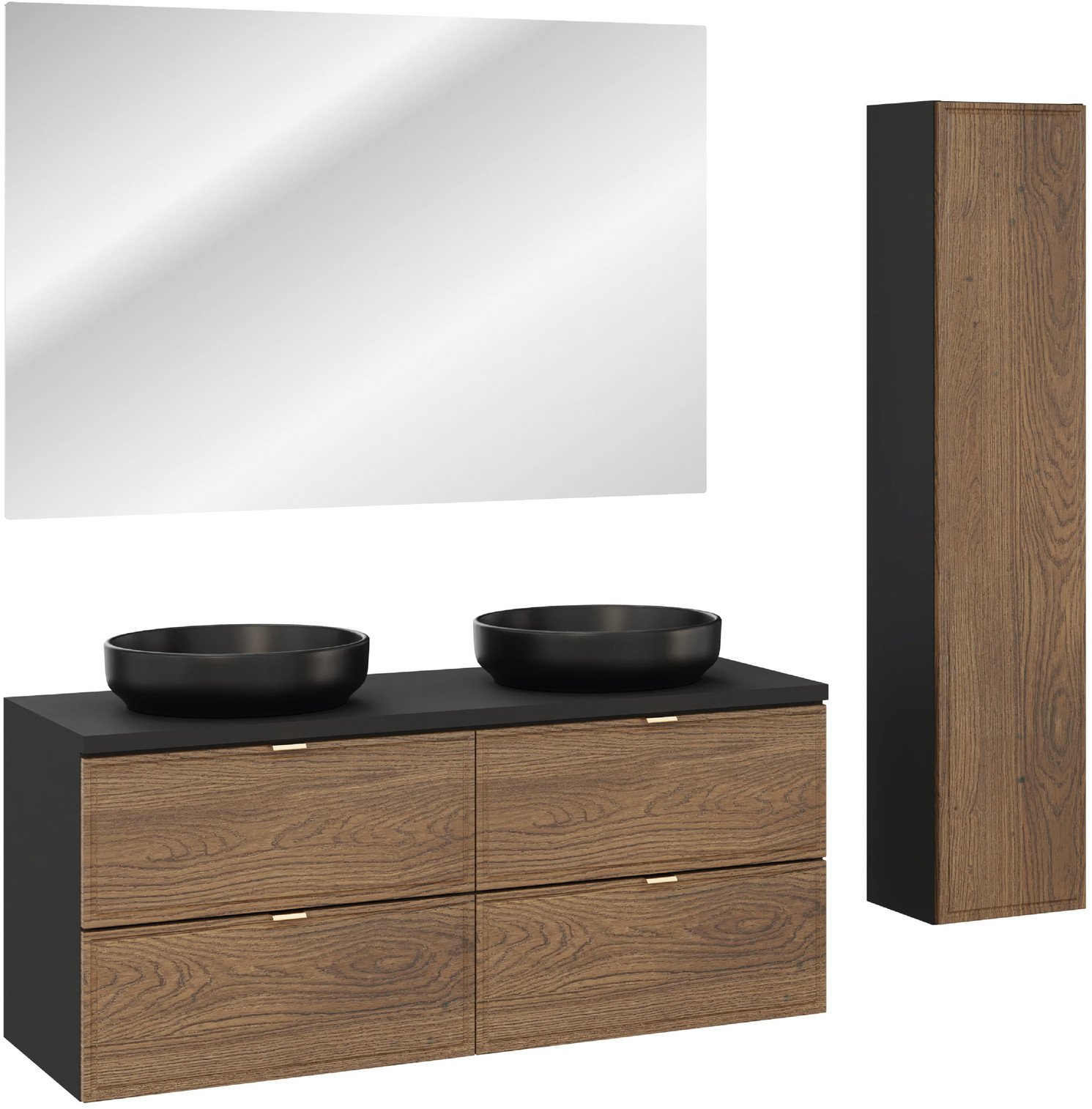 Zestaw meblowy 120cm z blatem, 2 umywalkami nablatowymi River, szafką wysoką i lustrem LED