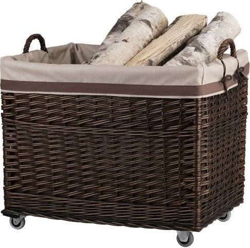 WickerPL Kosz na drewno kominkowe Rustykalny kosz z oszyciem Mobilny kosz z wikliny prostokątny 63x43 H46/52 cm