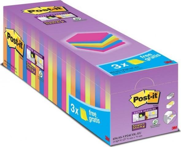Post-It 3M Karteczki Samoprzylepne Post-it Super Sticky 21 bloczków każdy po 90 kolorowych karteczek 76x76mm 654-SS-VP24COL 3