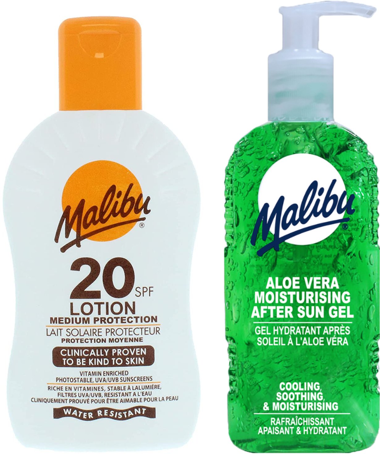 Malibu SPF20 Wodoodporny Balsam 200ml + Aloe Żel Po Opalaniu 200ml