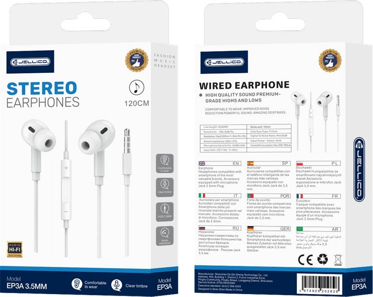 Słuchawki Jellico JELLICO słuchawki przewodowe EP3A JACK 3.5MM z mikrofonem 1.2M Biały standard