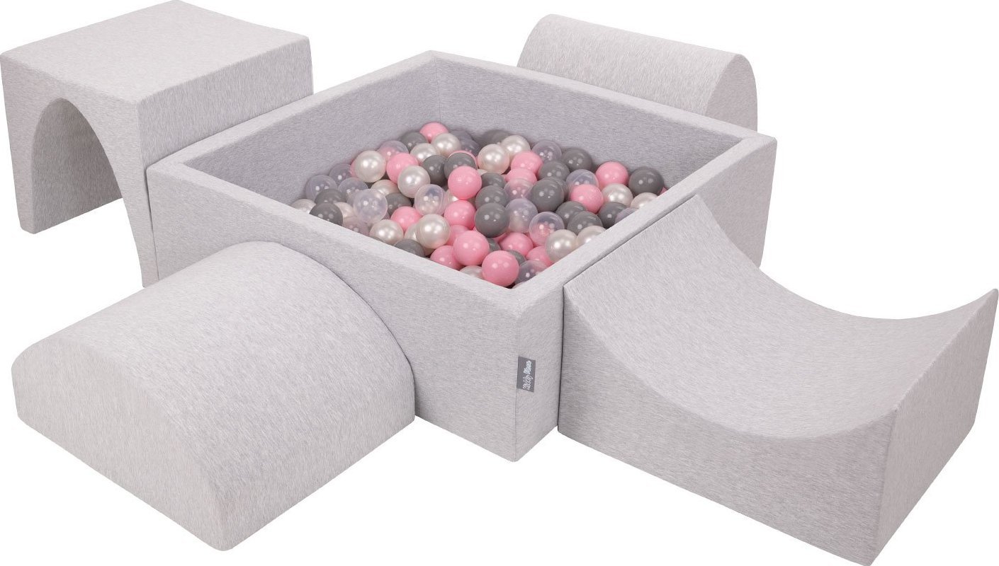 KiddyMoon Piankowy plac zabaw PPZP-KW30D-135 z piłeczkami jasnoszary: perła-szary-transparent-pudrowy róż basen 300/górka/tunel/rampa L/półwałek L Zab