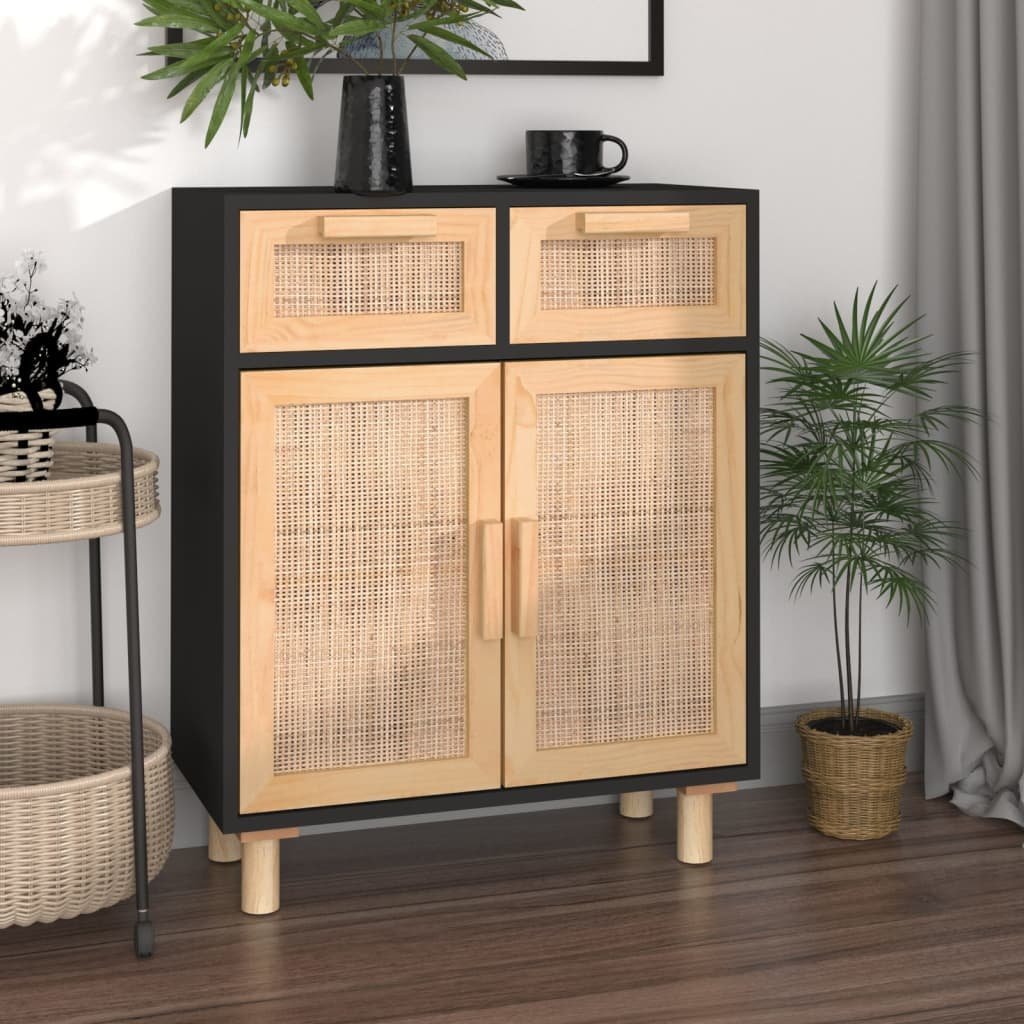 vidaXL vidaXL Komoda, czarna, 60x30x75 cm, lita sosna i naturalny rattan