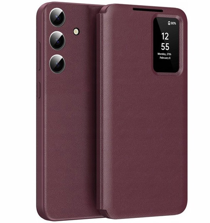 Etui z klapką skórzane Smart View do Samsung Galaxy S25 FE, bordowe