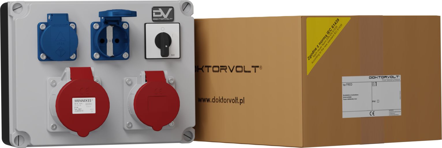 Doktorvolt Rozdzielnica budowlana z łącznikiem FRED 32A 16A 2x230V Schuko Mennekes Doktorvolt 9610