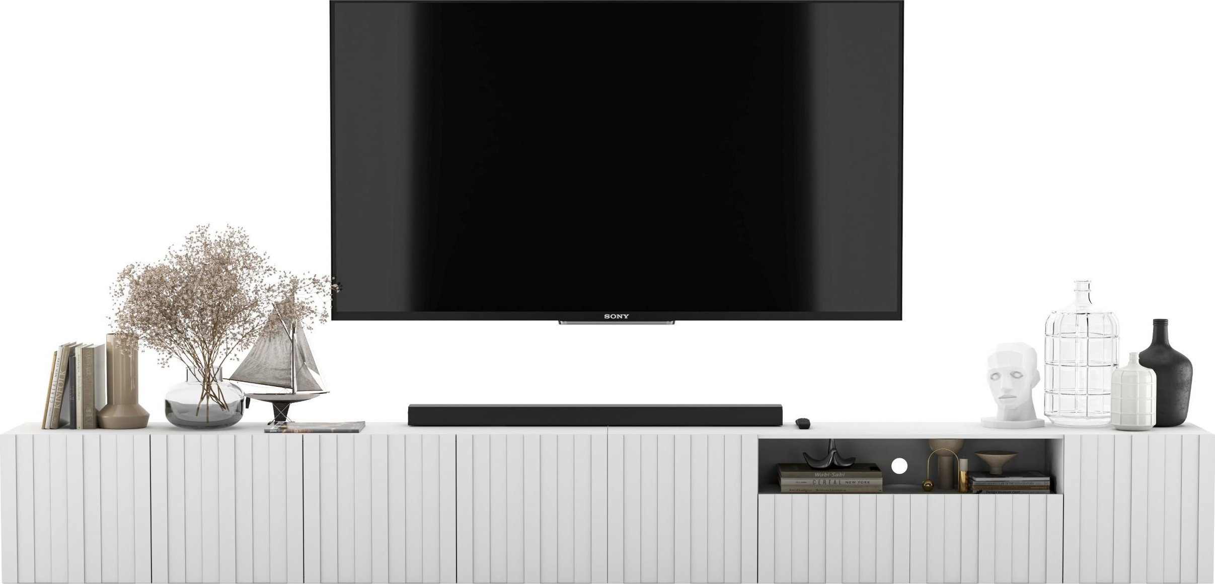 Meble Lindner Nowoczesna Wisząca Szafka RTV Glamour Meble Lindner Komoda RTV Biały Mat 300 cm