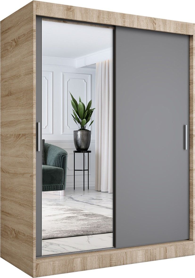 MKPOL Szafa przesuwna MODUO COMFORT 150 dąb sonoma/antracyt z lustrem po lewej