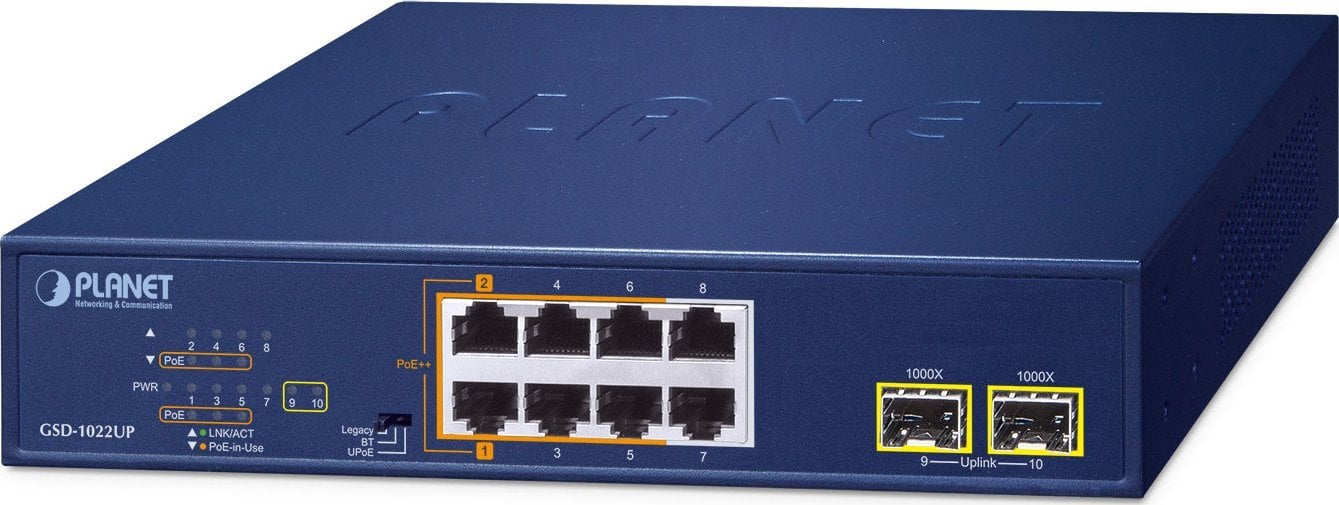 PLANET 2-Port 10/100/1000T 802.3bt Nie zarządzany Gigabit Ethernet (10/100/1000) Obsługa PoE Niebieski