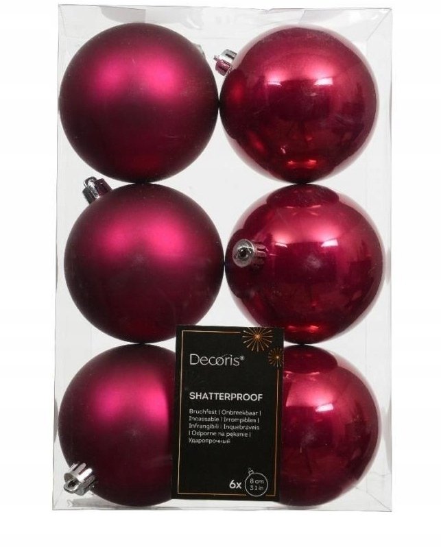 Bombki choinkowe zestaw 6 sztuk plastikowe czerwone nietłukące mat i błysk