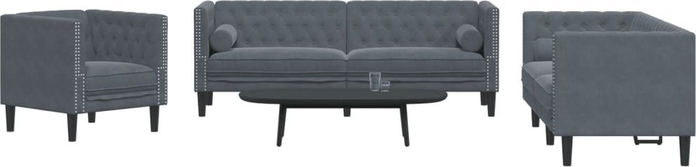 vidaXL vidaXL 3-cz. wypoczynek Chesterfield z wałkami, ciemnoszary, aksamit