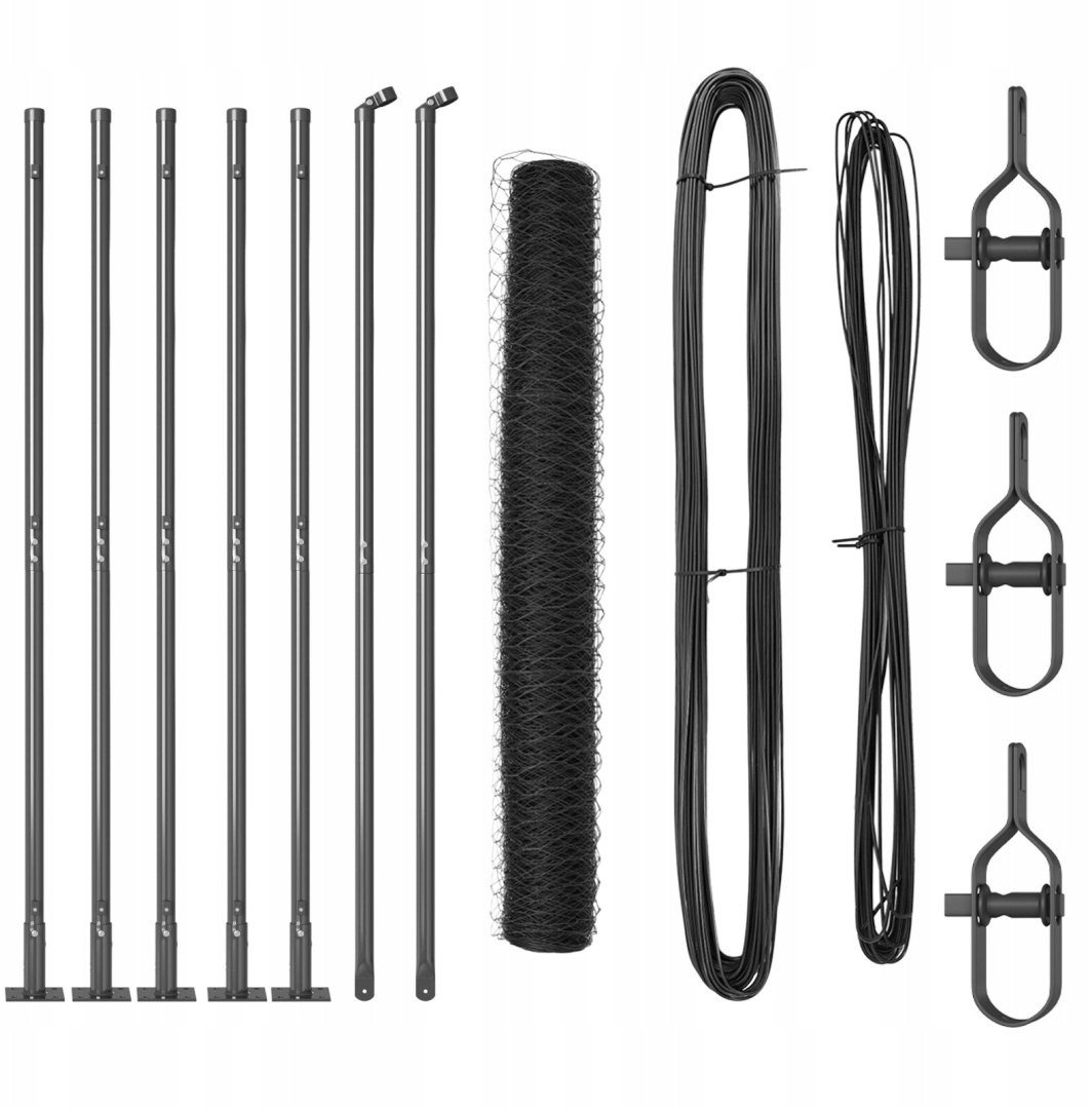 vidaXL Ogrodzenie heksagonalne Szare 0.8x10 m Stal, vidaXL Słupy ogrodzeniowe z podstawami 7 szt. 32mm 90cm Stal ocynkowana