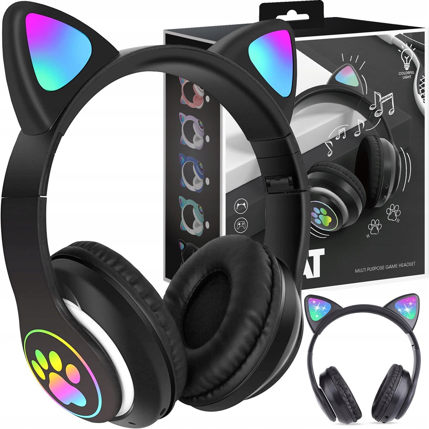 Słuchawki dziecięce RGB z uszkami, czarne