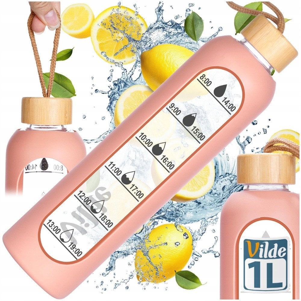 Butelka na wodę szklana z silikonowym pokrowcem łososiowa 1 l