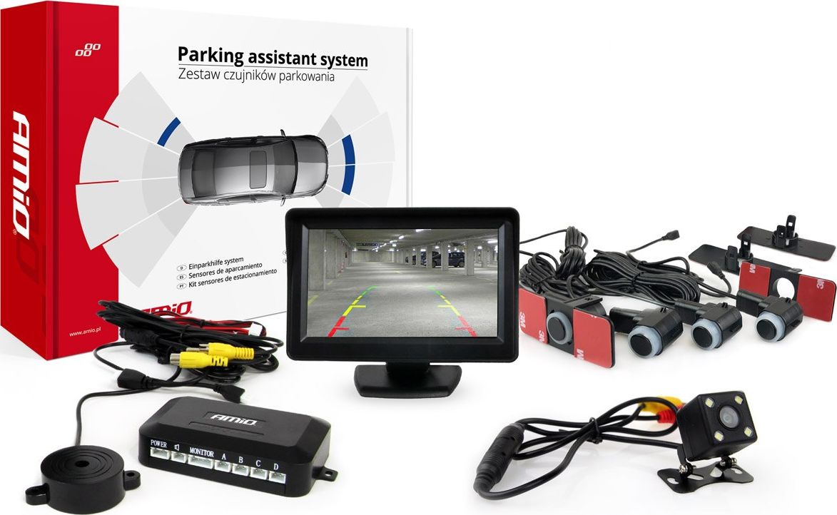 AMiO Zestaw czujników parkowania tft 4,3" z kamerą hd-315-led 4 sensory czarne wewnętrzne