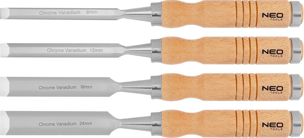Neo Dłuta 6, 12, 18, 24 mm, zestaw 4 szt. Uchwyt drewniany