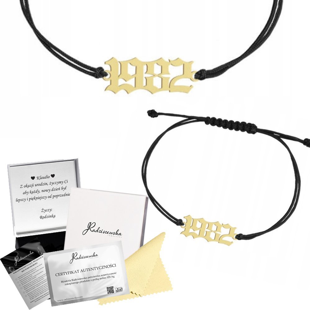 Radziszewska Jewellery Bransoletka Złota z Datą Rocznik Sznurek Srebro 925 Prezent Dedykacja