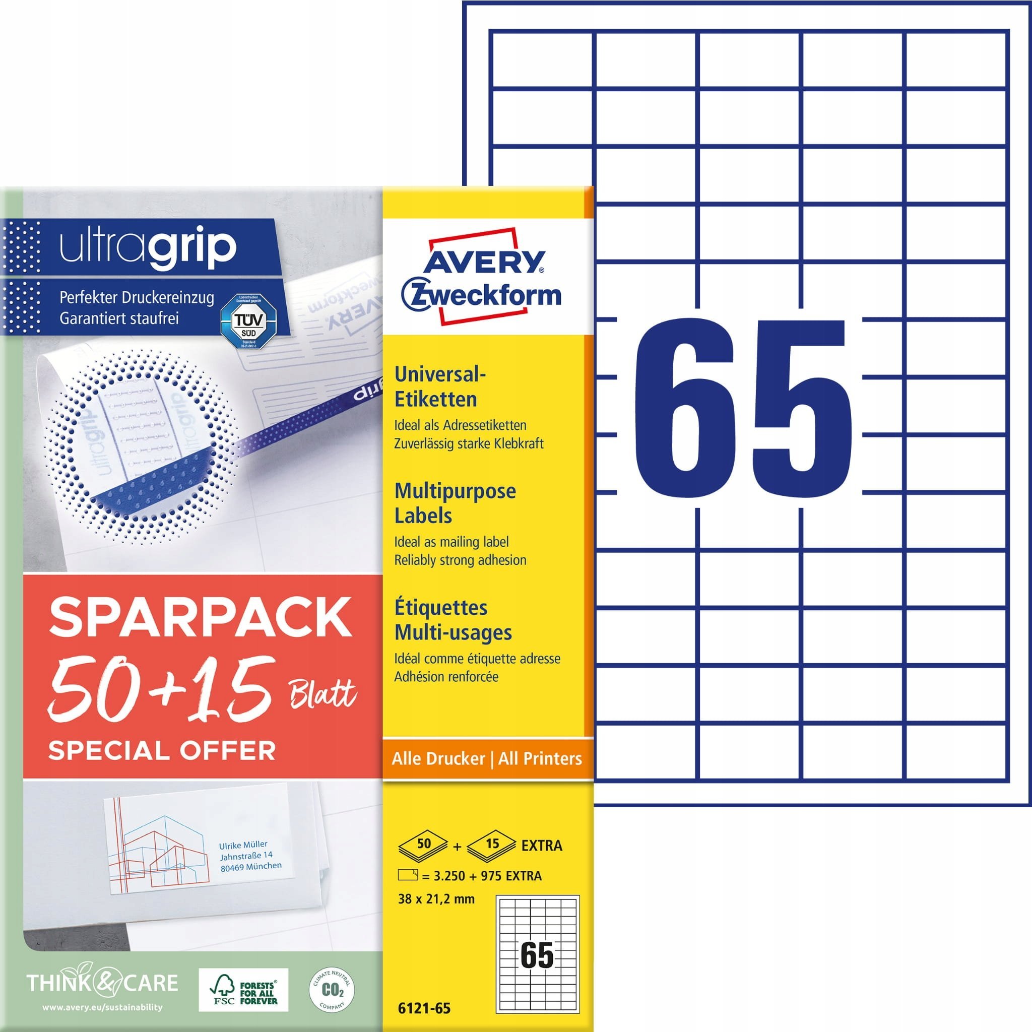 AVERY Universaletiketter Avery 38x21,2 mm, hvid med Ultragrip + 30% ekstra indhold - (65 ark x 65 stk.)