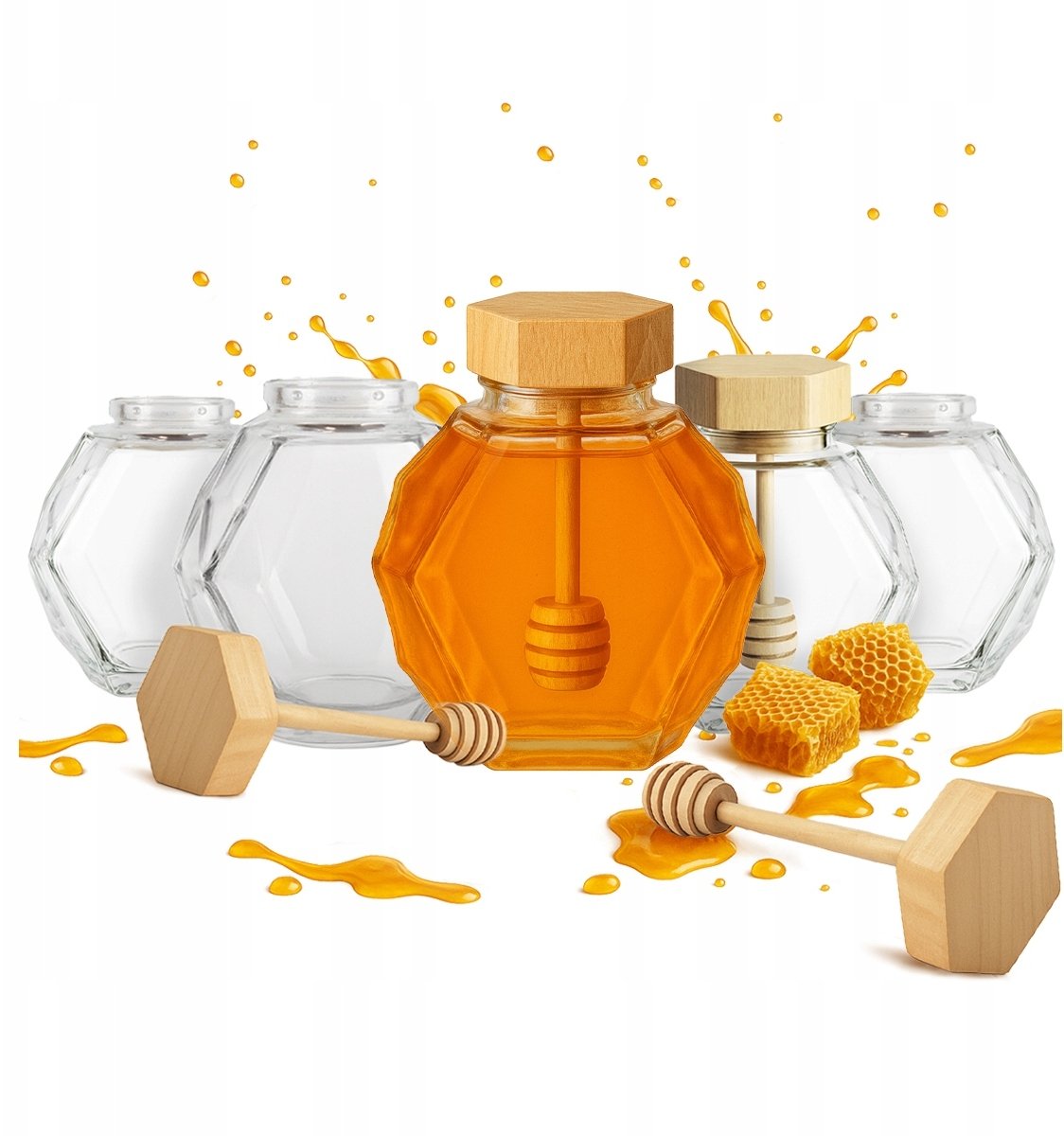 20x Pojemnik Szklany MAJA 380 ml na Miód z drewnianą pokrywą łyżką Słoiki