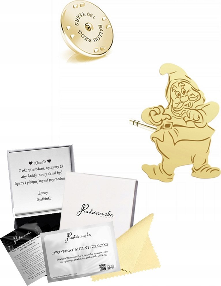 Radziszewska Jewellery Pin Złoty Krasnal Wpinka Prezent Biżuteria Srebro 925 ŻYCZENIA GRATIS