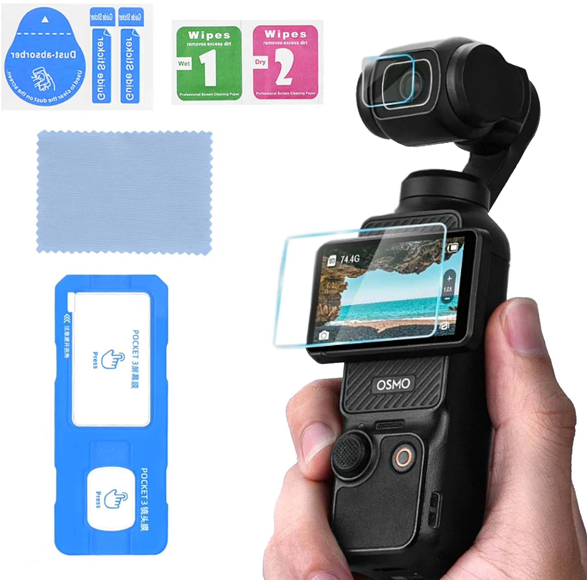 SZKŁO HARTOWANE 9H FOLIA DO DJI OSMO POCKET 3 - OCHRONA OSŁONA EKRANU I OBIEKTYWU + RAMKA MONTAŻOWA APLIKATOR