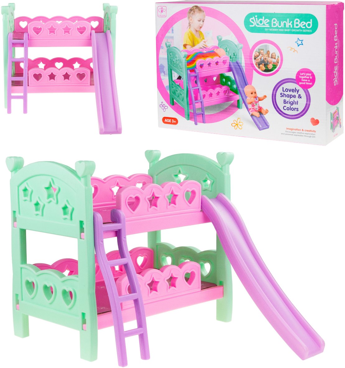 TG64205 ŁÓŻECZKO PIĘTROWE DLA LALEK DRABINKA ŚLIZGAWKA ZABAWKOWE PODWÓJNE BLIŹNIAKI