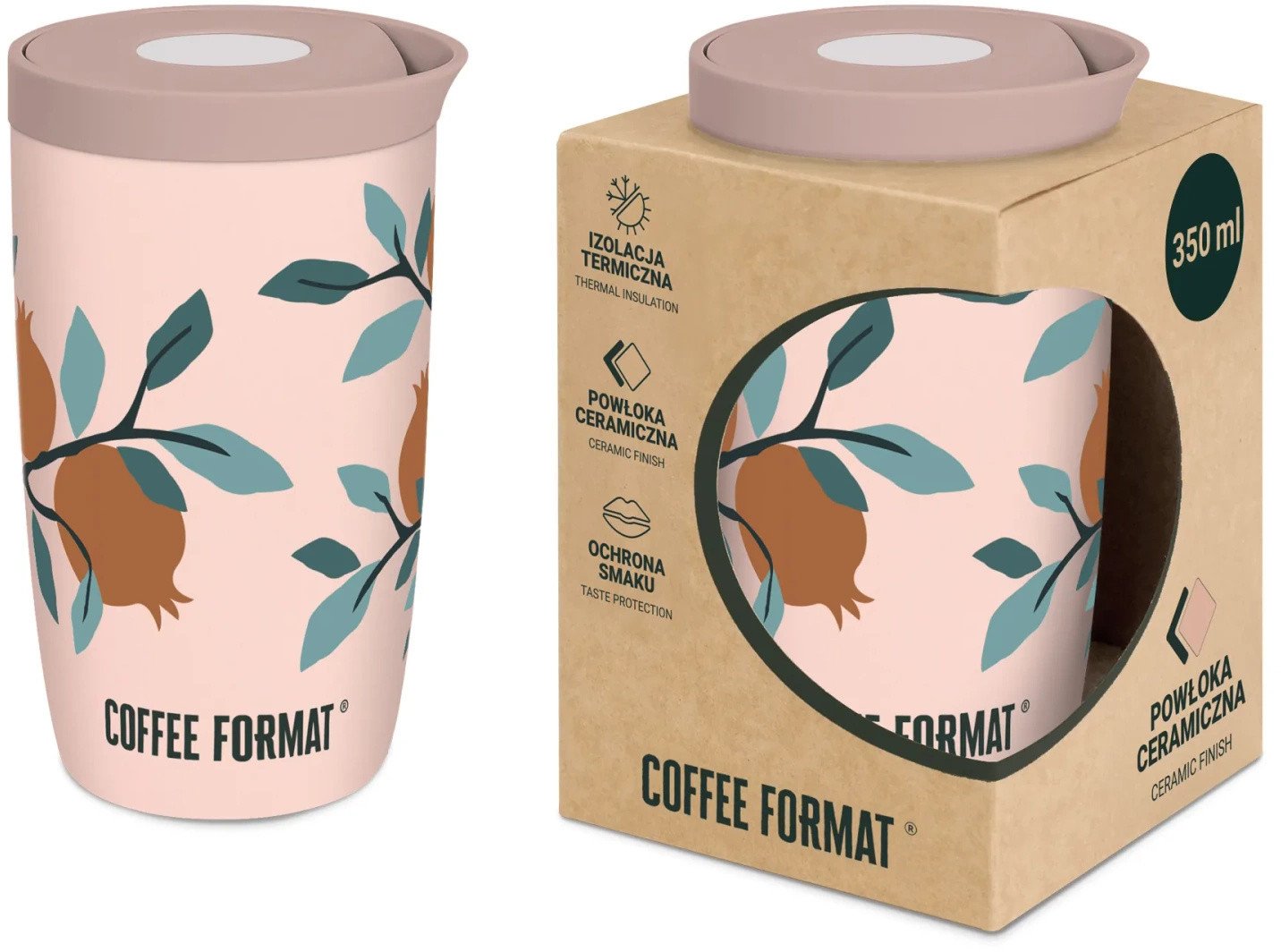 Coffee Format Różowy kubek termiczny z motywem roślin 350 ml