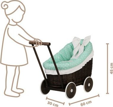 WickerPL LUNA WÓZEK WIKLINOWY DLA LALEK Z OBSZYCIEM miętowym 60X30 H45 CM