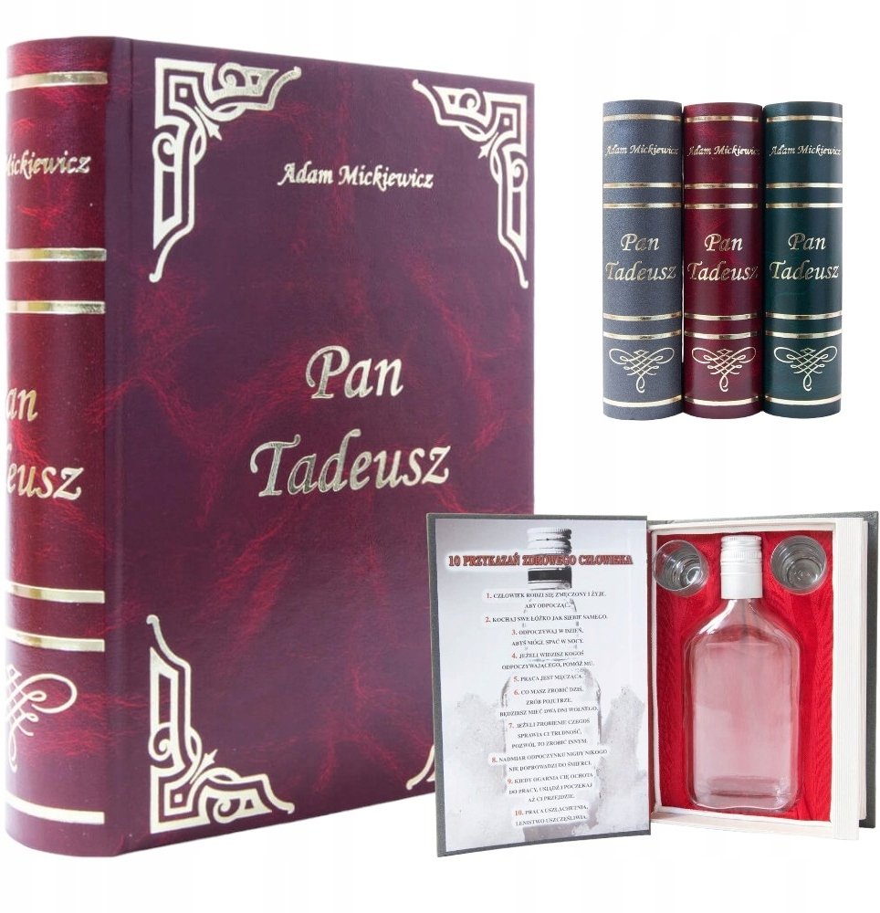 KSIĄŻKA NA ALKOHOL PREZENT PAN TADEUSZ + BUTELKA SZKLANA PIERSIÓWKA 350ml