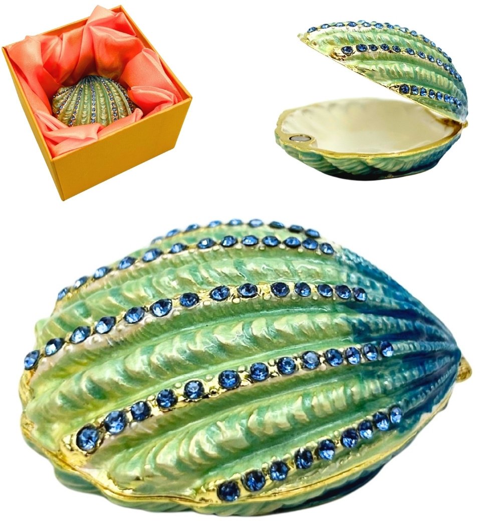 Skrzynkazdrewna Pudełeczko Szkatułka na Biżuterię Zdobione Kryształkami Muszelka HX068