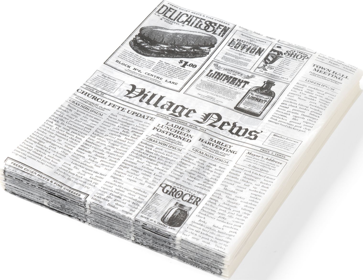 Hendi Papier pergaminowy do ciepłych przekąsek nadruk gazety 250x350mm 500szt. Hendi 678107 Papier pergaminowy do ciepłych przekąsek nadruk gazety 250