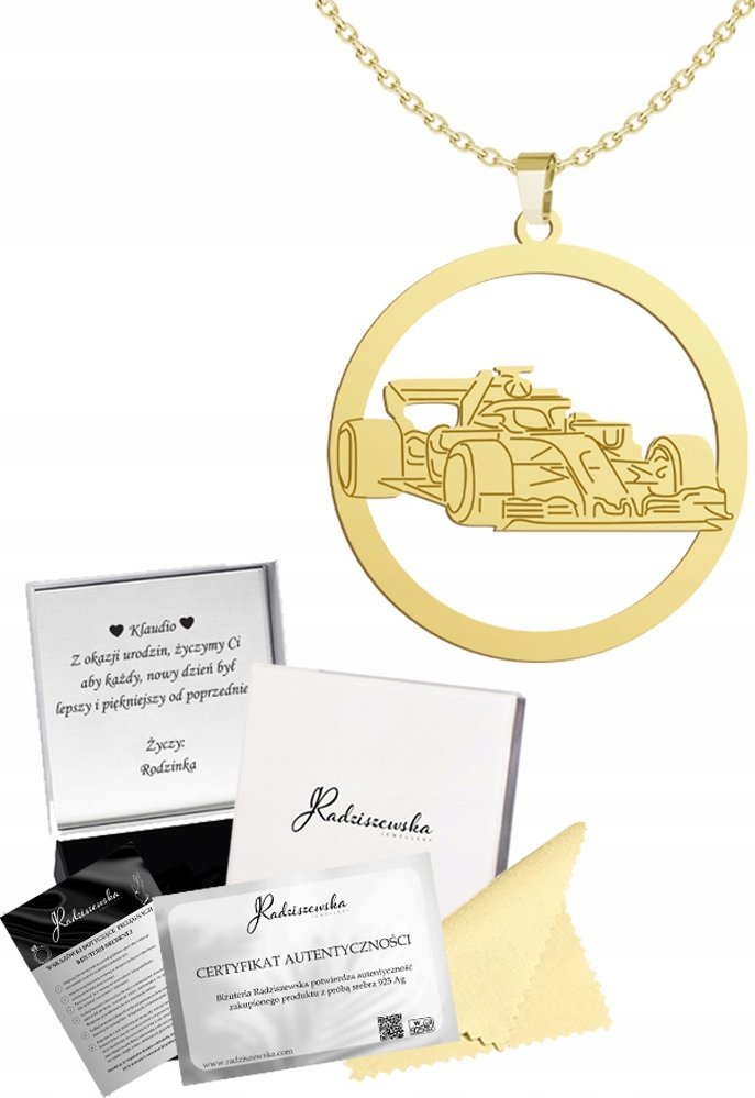 Radziszewska Jewellery Złoty Naszyjnik Bolid Formuła 1 Łańcuszek Prezent 925 GRAWER GRATIS