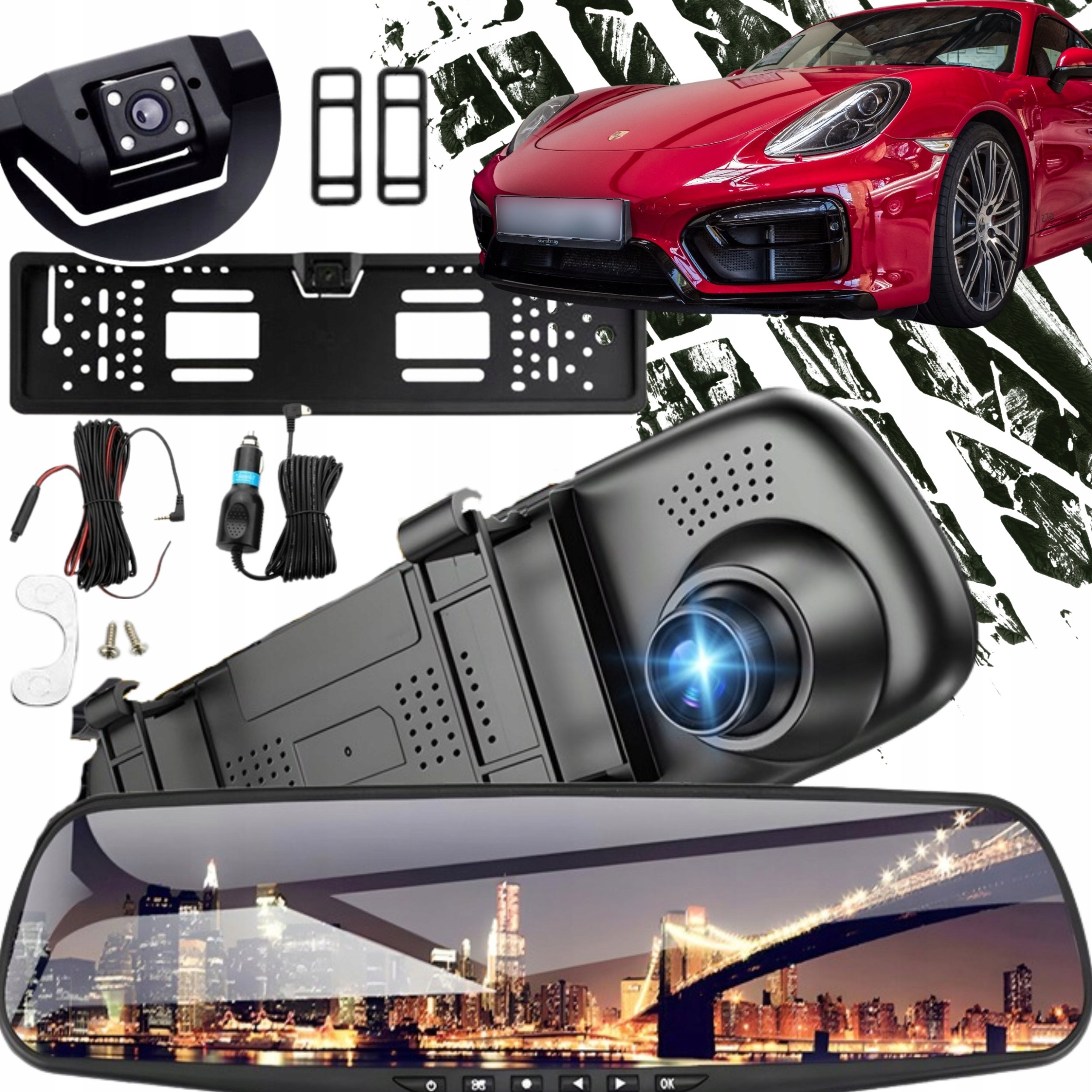 Wideorejestrator samochodowy kamera cofania w ramce full hd 4led lusterko