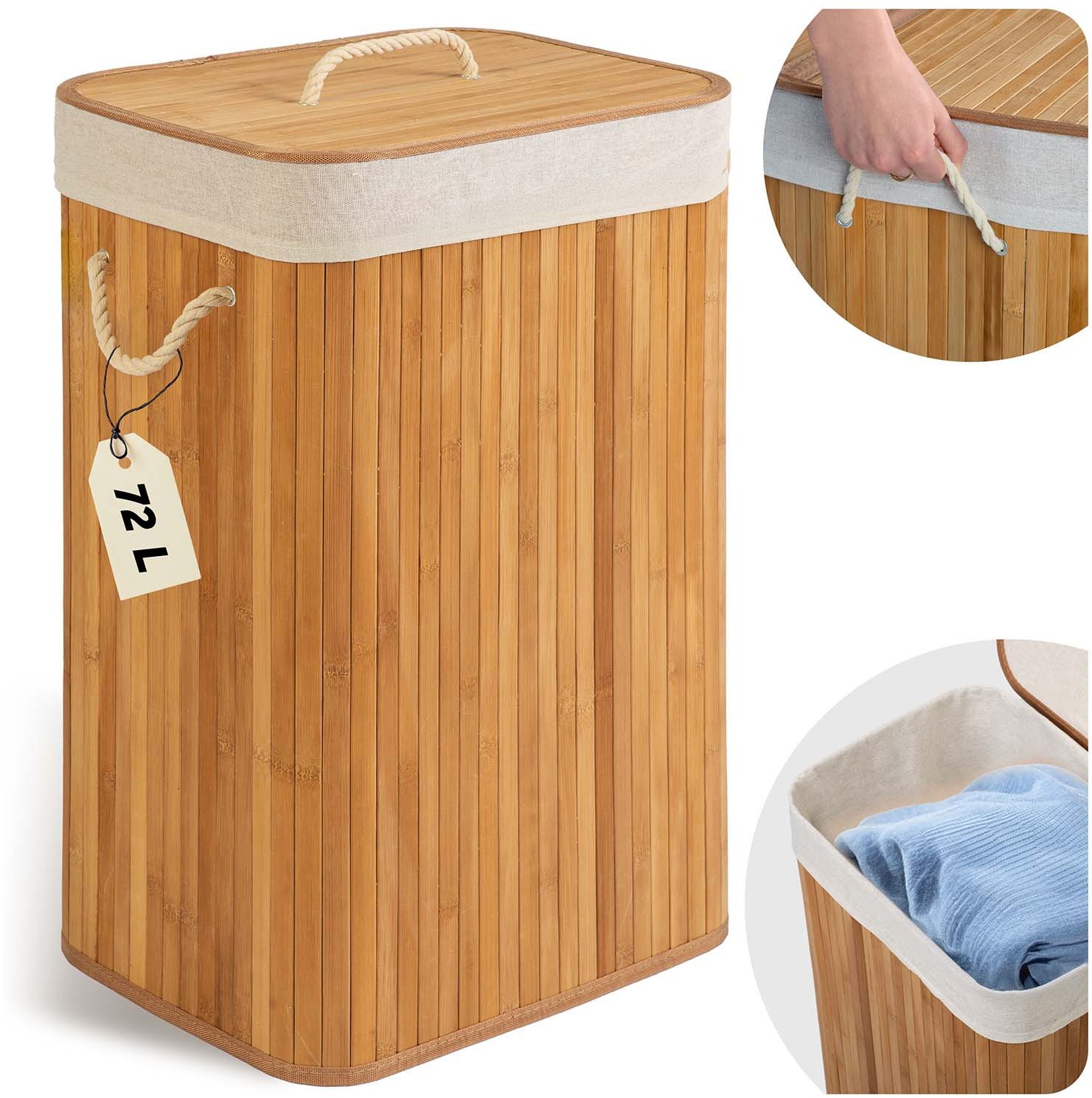Bambusowy kosz na pranie bieliznę z pokrywą 72 l Massido