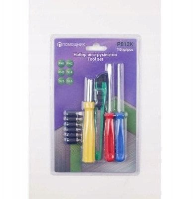 Zestaw narzędzi 10el. Bity: PH1,2,3, SL 4,5,6mm, uchwyt bitów 120mm, wkrętaki: PH1x75mm, SL 4x72mm, nóż łamany)