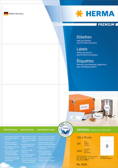 Herma Etykiety Premium A4, białe, papier matowy, 1600 szt. (4626)