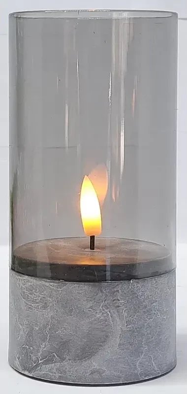 Świeca wkład LED 15x7cm żywy płomień w osłonie z szarą podstawą 2xAAA