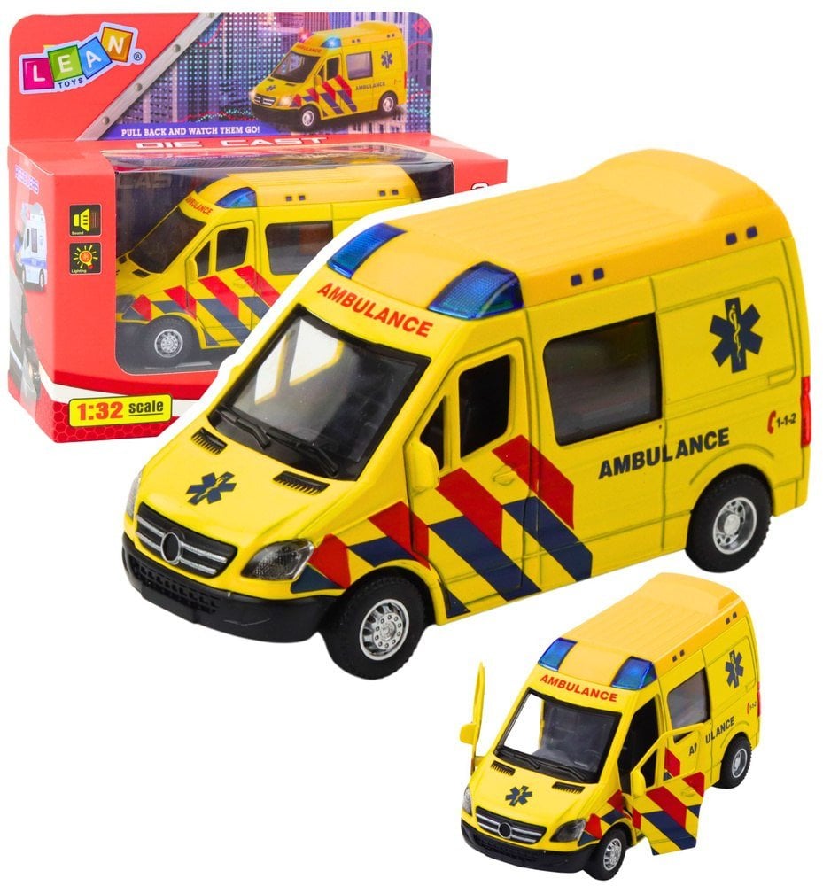 LeanToys Karetka Ambulans Metalowy Z Napędem Pull Back Światła Dźwięki Żółty 1:32