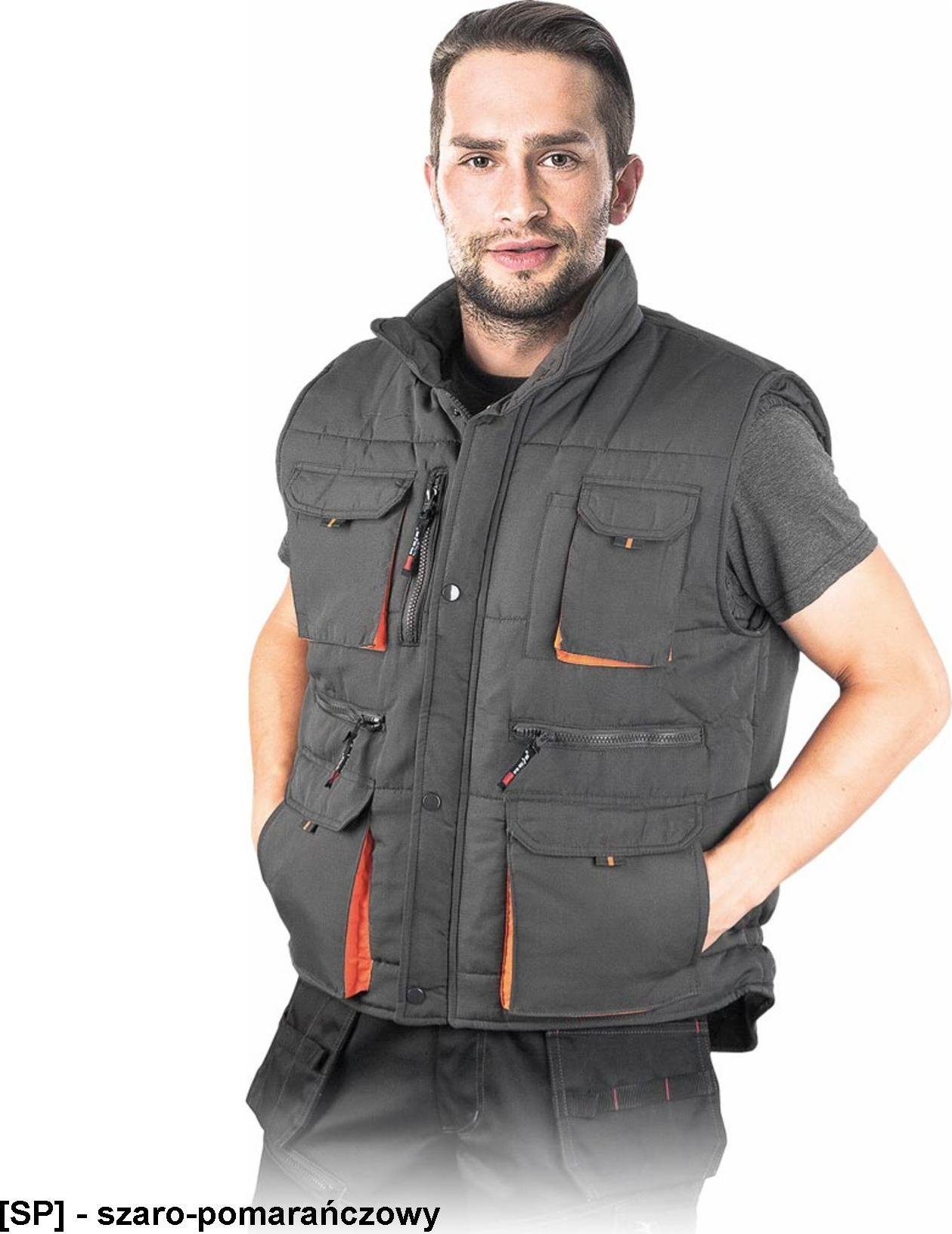 R.E.I.S. KORMORAN2 - bezrękawnik ocieplany z dużą ilością kieszeni - szaro-pomarańczowy XL